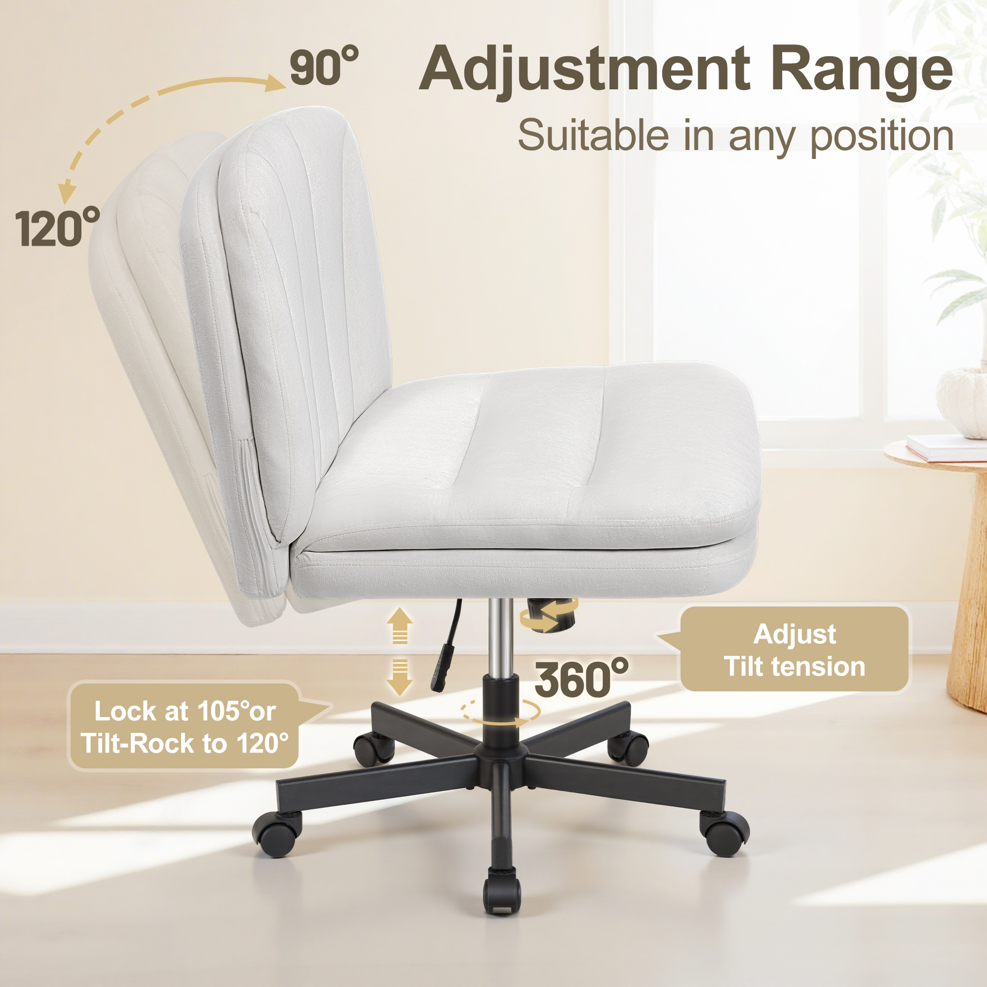ATHOPE Criss Cross Chair with Wheels, 26"W Cross Legged Office Chair, Armless Vanity Desk Chair with 2 Layer Back & Seat, Swivel Height Ajustable for Home Office Bedroom, White Velvet