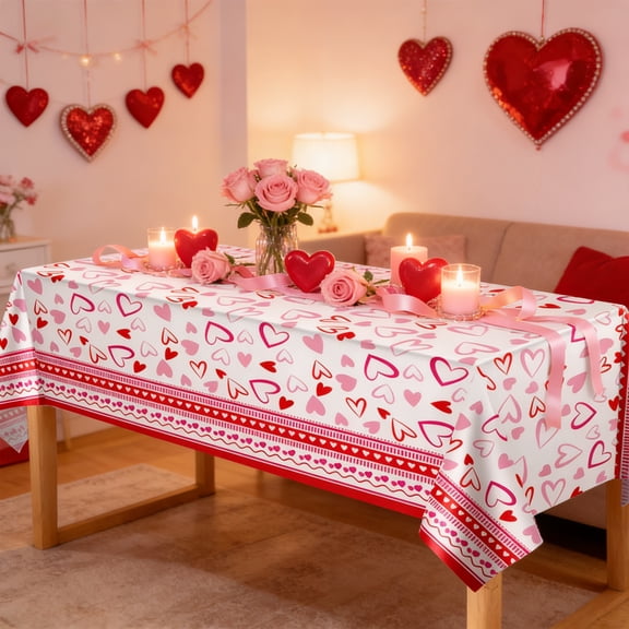 Valentines Tablecloth, Pink Heart Valentines Tablecloth Plastic Rectangle Valentine Tablecloth Disposable Valentines Table Cover for Wedding Anniversary Valentines Decorations 54" X 108"