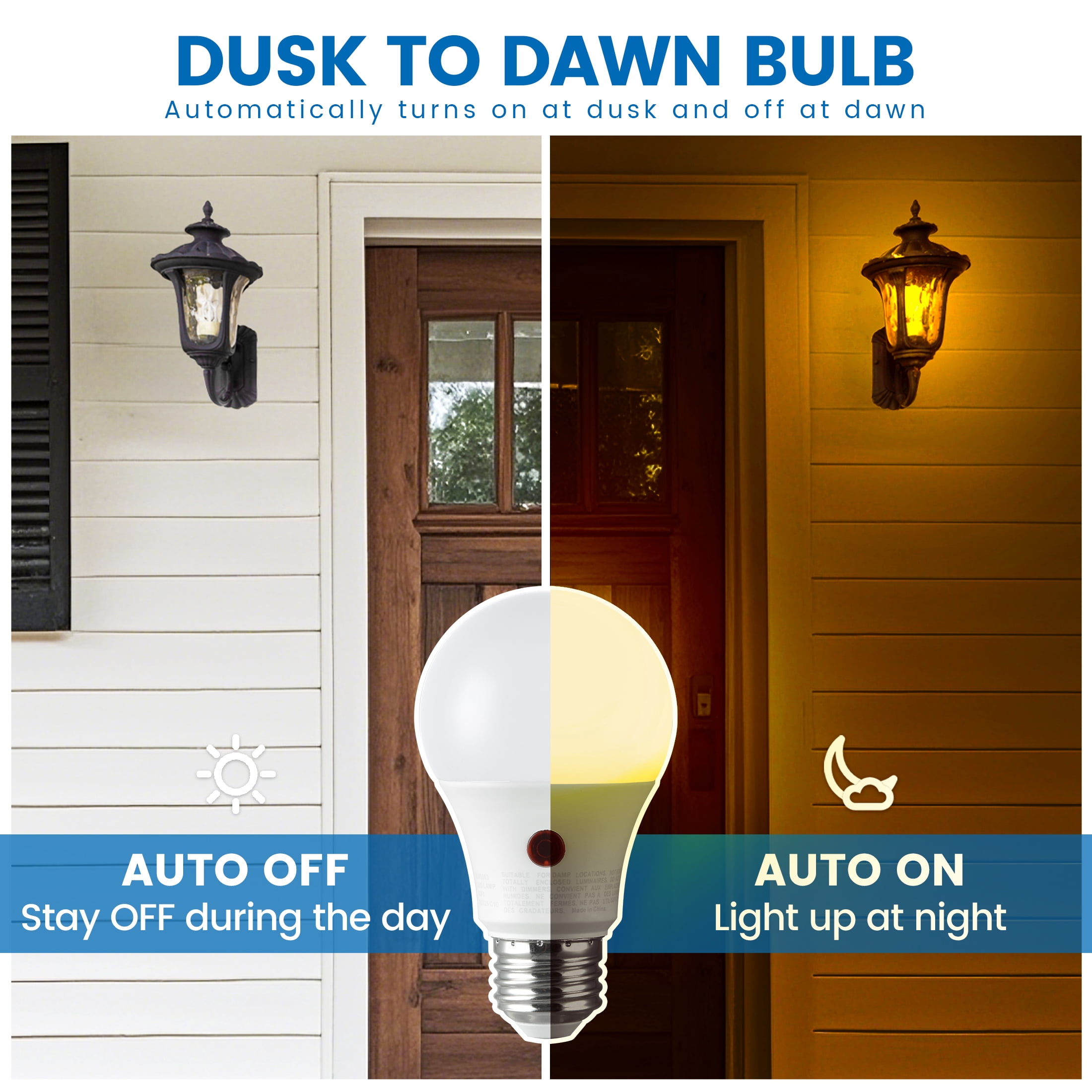 (2 pack) Great Value A19 Dusk to Dawn Auto On/Off LED Light Bulb, 9-Watt (60W Equivalent) E26 Medium Base