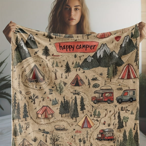[Soft Vintage Route Mountain Blanket] Vintage Route Mountain and Car Printed Fleece Blanket: Warm, Comfortable, and Soft for Sofa, Bed, Car, Office, Camping