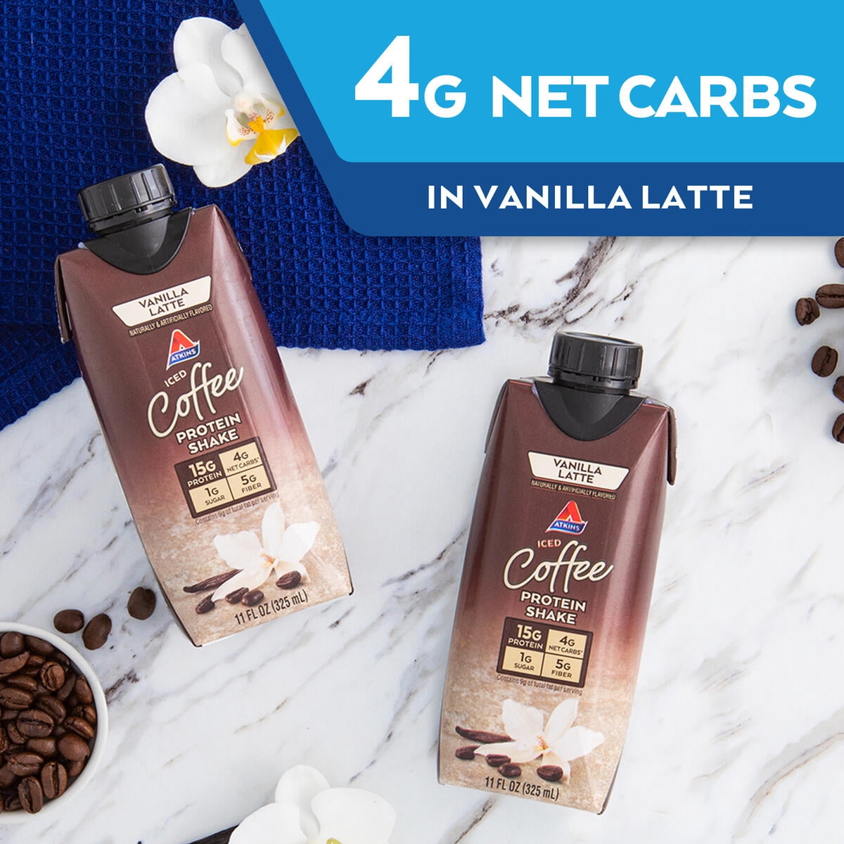 Atkins Iced Coffee Protein Shake, Vanilla Latte flavor, High Protein, Low Carb, Low Sugar, 3/4 Packs