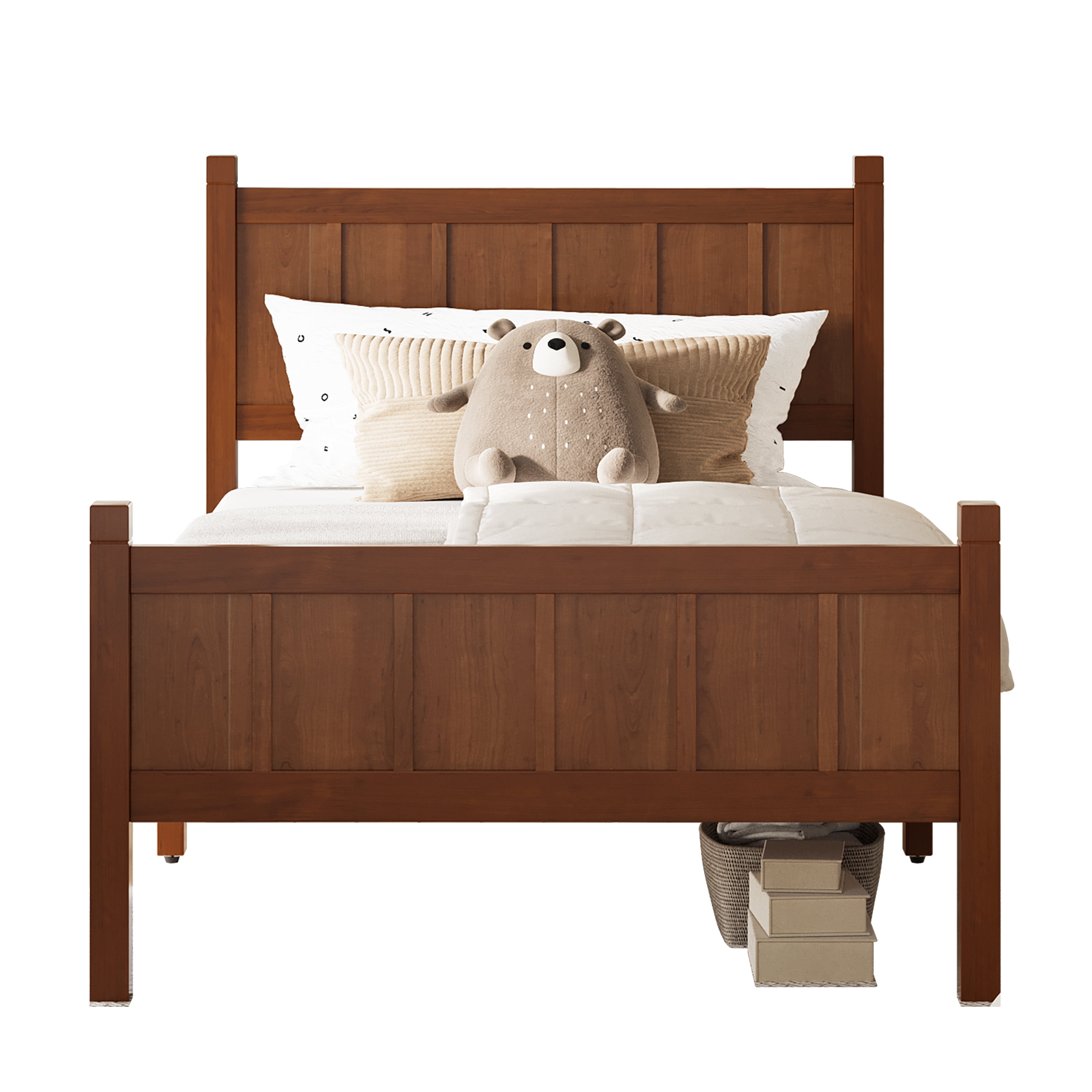 Euroco Wood Twin Size Platform Bed with Headboard and Footboard, Dark Walnut