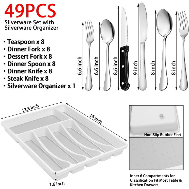 49 Pieces Silverware 8 Person Stainless Steel Flatware Set With Drawer  Tray, Kitchen Utensils Flatware Set: 8 Large Dinner Spoons, 8 Small Dinner  Spoons, 8 Large Dinner Forks, 8 Small Dinner Forks