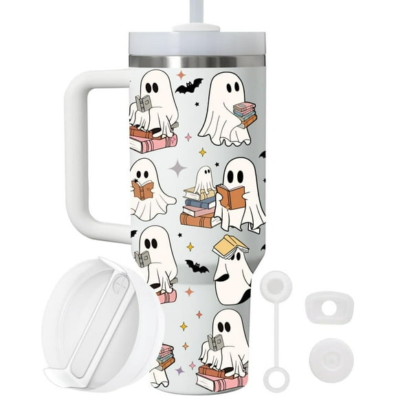 Spooky Stainless Steel Tumbler with Lid and Straw, 40oz Insulated Cup, Cute Ghost Reading Book Lover Gift, Themed Tumbler for Halloween Season