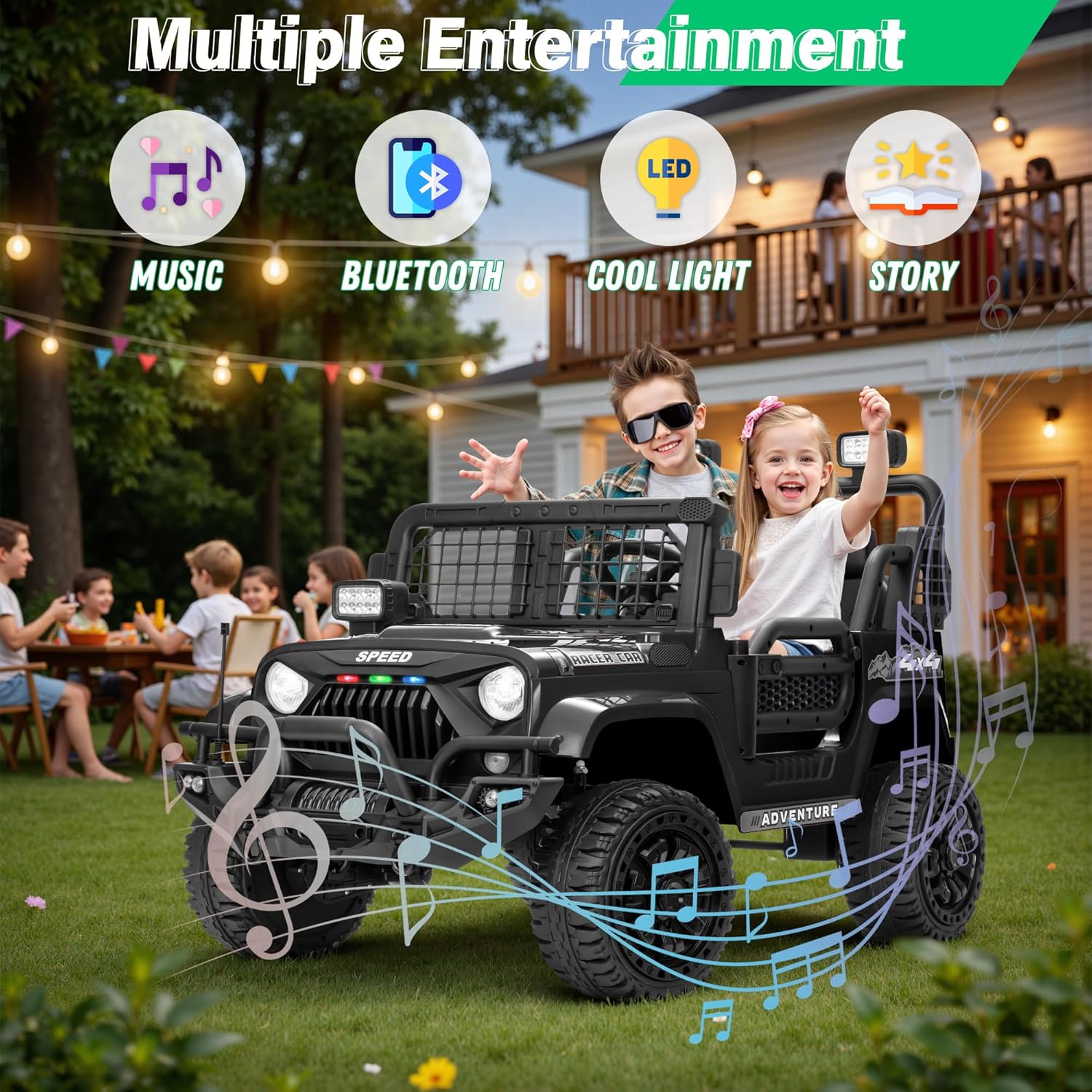 HappyToysWorld Kids Ride On Car 24V with Parent Remote Control, 2-Seater Electric Toy Truck for Big Boys & Girls, 4 Shock Absorbers, 3 Speed Modes, 24 Volt Battery Powered Vehicle