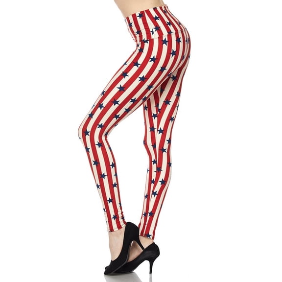Buttery Soft High Waist Vertical Stripes USA Flag Leggings (One Size Regular,Red)