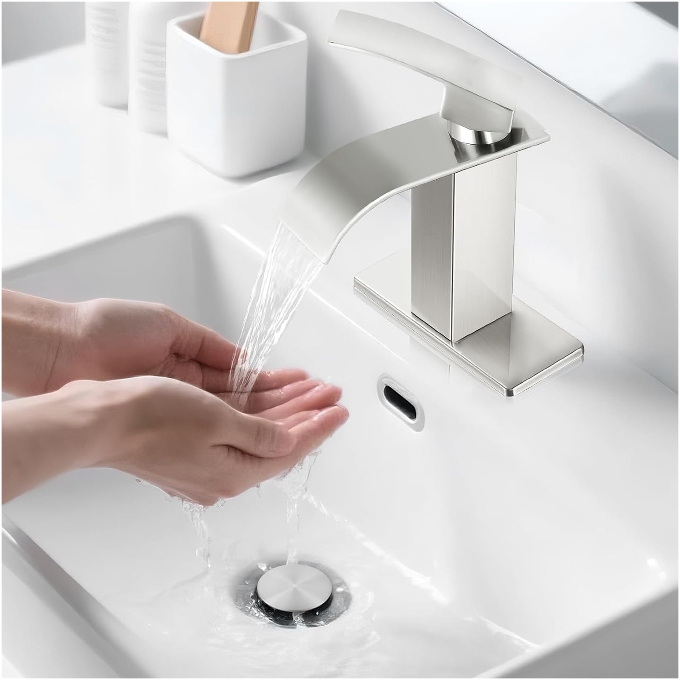 JERFIT Single Handle Bathroom Sink Faucet, Brushed Nickel Finish, 1-Hole Modern Vanity Faucet, Anti-Rust Stainless Steel Construction, Includes Water Lines