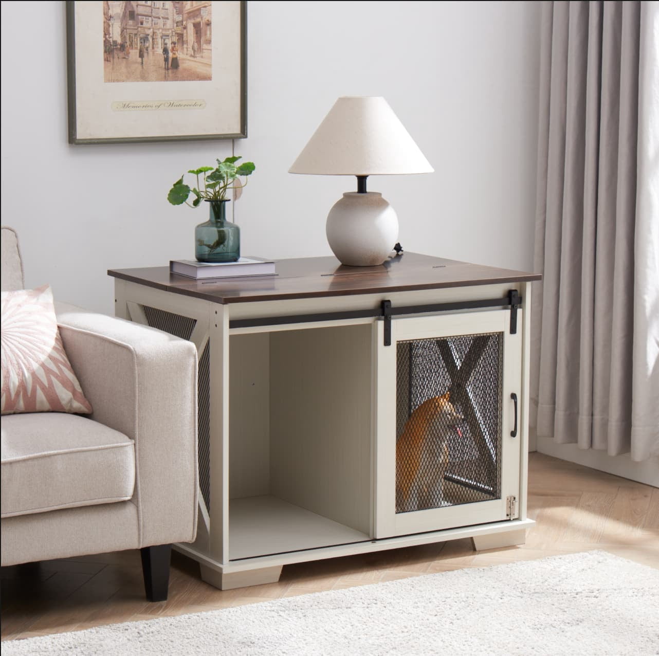 Farmhouse Dog Crate End Table Furniture – Sliding Barn Door, Flip-top Plate & Detachable Divider for Small/Medium/Large Dogs (Gray)
