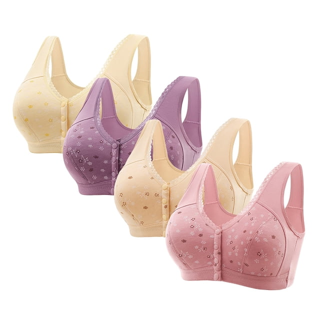 ylioge 4 Pack S-6XL Womens Bras Plus Size Front Closure Wireless Bralettes Push Up Soft-Cotton Multipack Breathable Support Underwear Bra