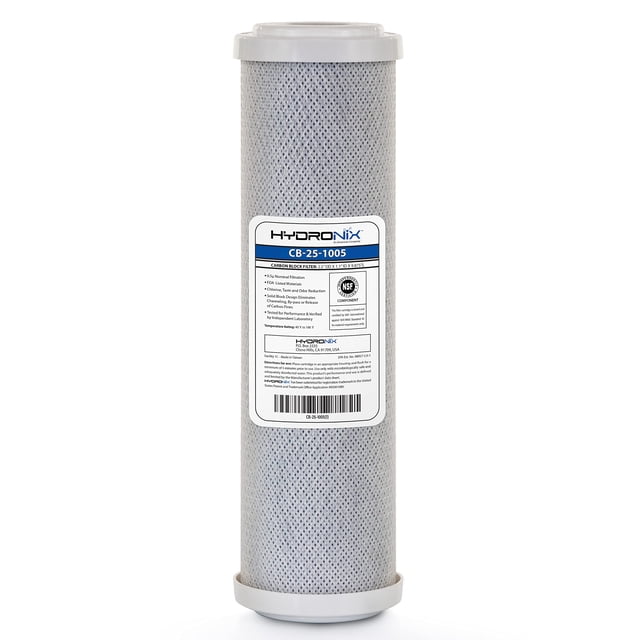 Hydronix CB-25-1005 Filtro de agua de bloque de carbón de coco NSF para sistemas de RO y bebidas para toda la casa, 2,5 x 10-5 micras
