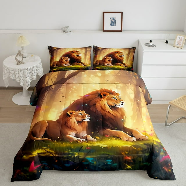 YST 3Pcs Lion Comforter Set Soft Microfiber Wild Lion Bedding Full Size 3D Animal Bedding Comforter Sets with 2 Pillowcases