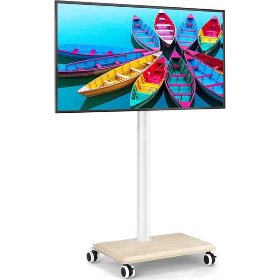 Rolling TV Stand for 32 to 55 60 Inch TVs up to 88lbs, Height Adjustable Mobile TV Stand with Wood Base, Space-Saving Design Tall TV Cart Floor Stands for Living Room, Bedroom