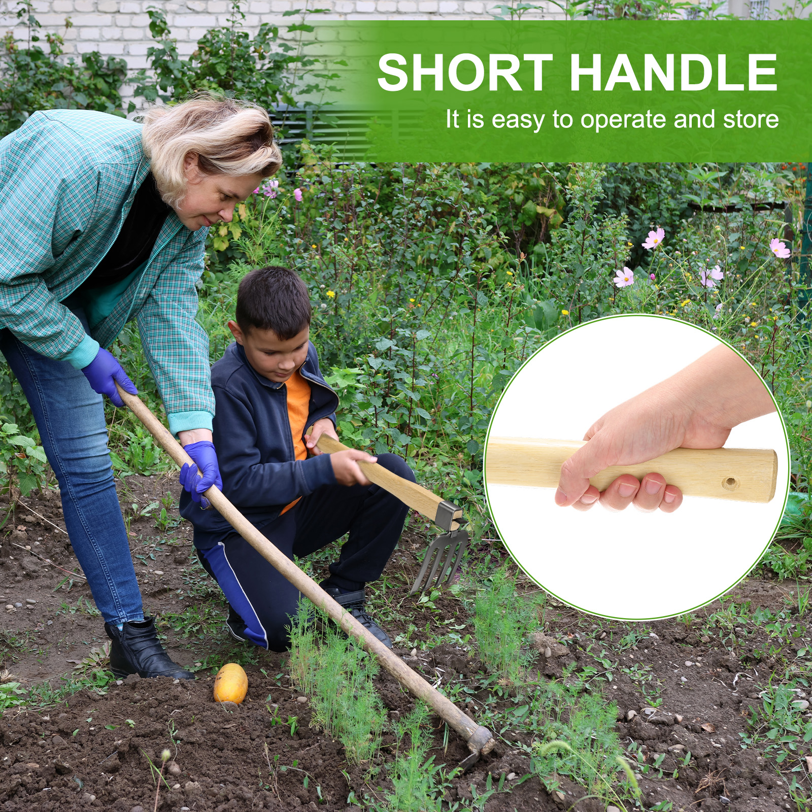 Unique Bargains Japanese Hand Tiller/Rake for Garden, 15 Inches Stainless Steel Cultivator  with Garden Hoe for Digging, Weeding, and Planting, Gardening Tool with Wooden Handle