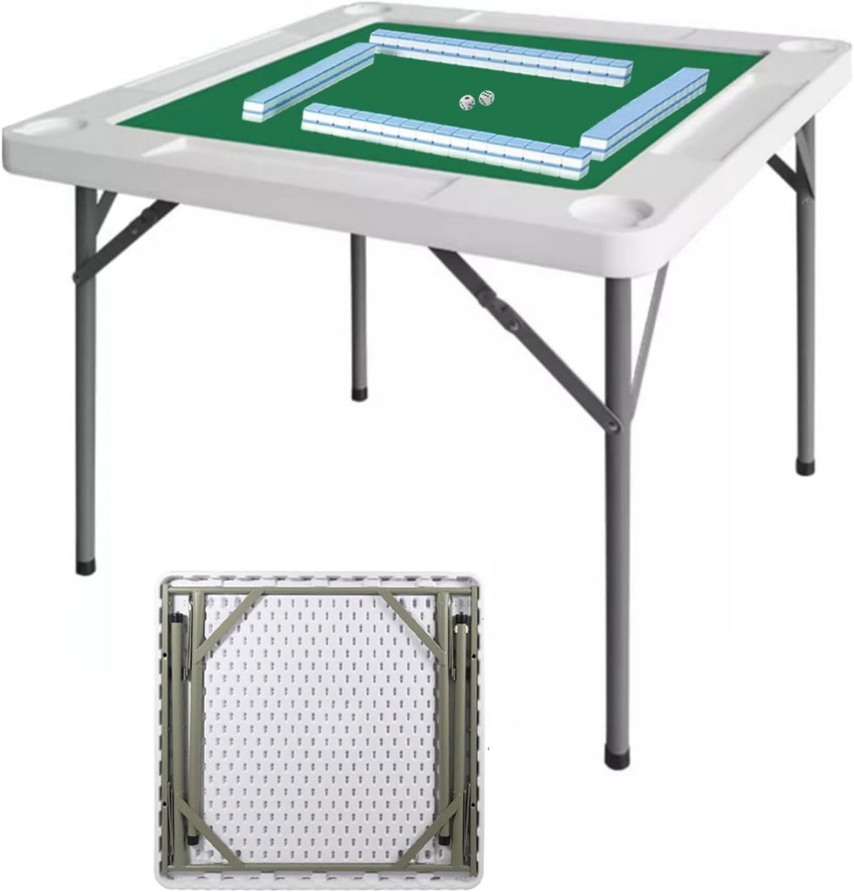 WSYW Mahjong Table with Folding Legs, 35.4x 35.4 Square Domino Game Table, Portable 4 Player Board Game Table with Cup Holders, Chip Grooves and Green Table Felt, White