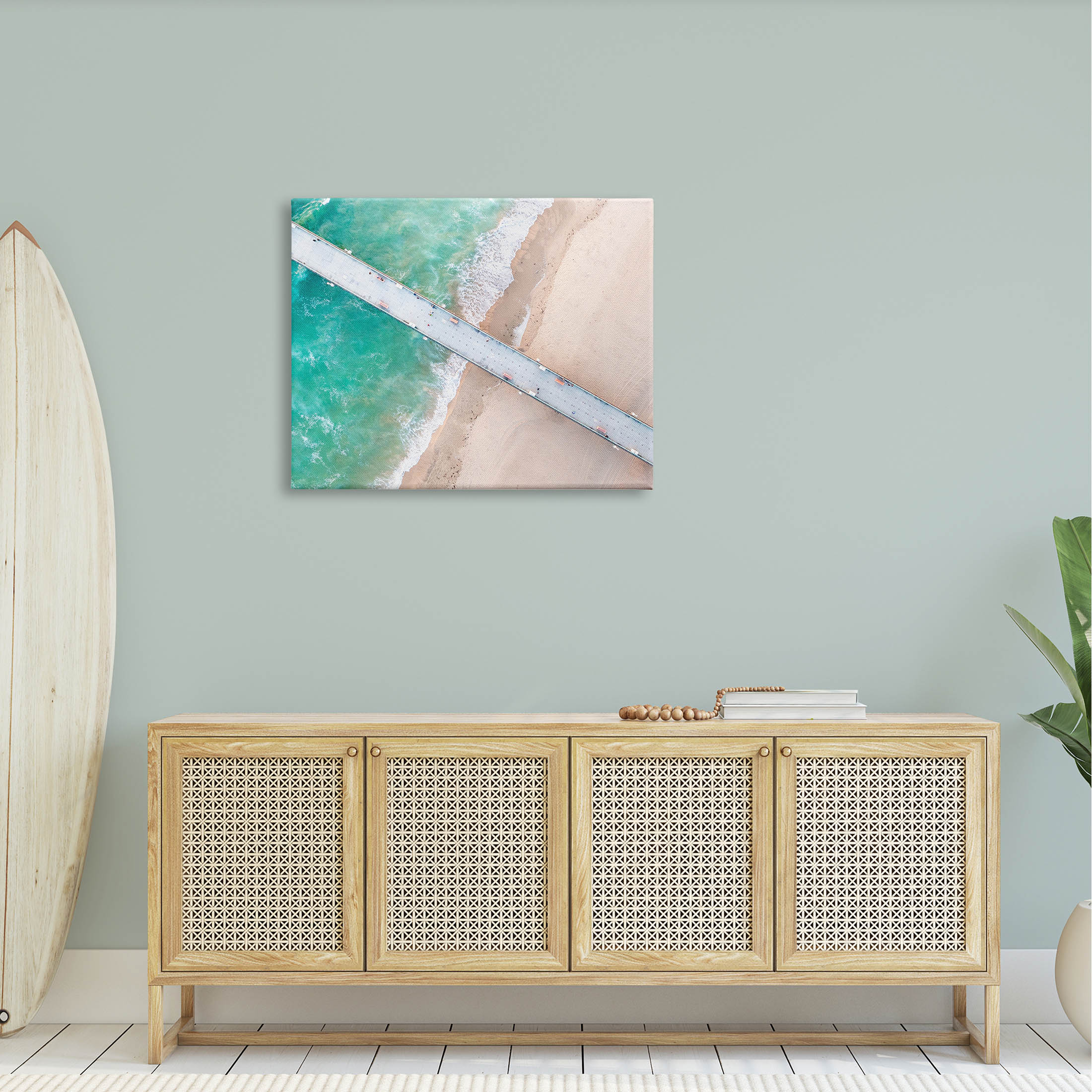 Aerial Ocean Beach Bridge Coastal Photograph Gallery Wrapped Canvas Print Wall Art