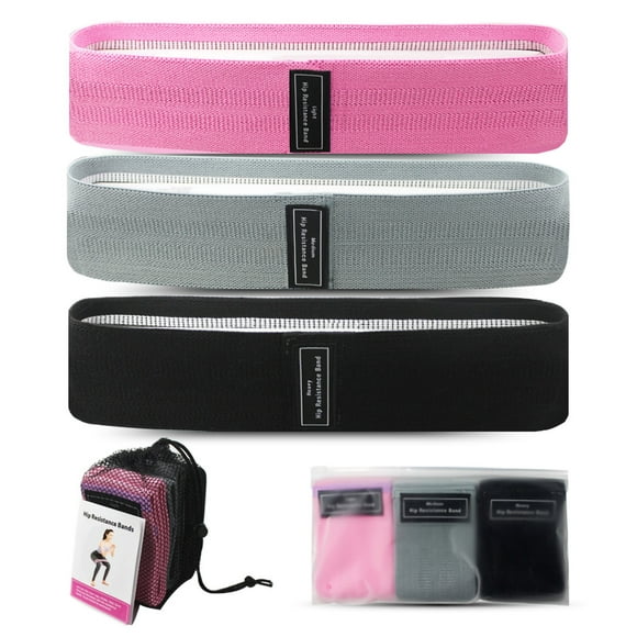 3 bandas de resistencia para yoga, de tela, antideslizantes, para sentadillas y cadera, para ejercicio físico, color rosa, gris y negro.