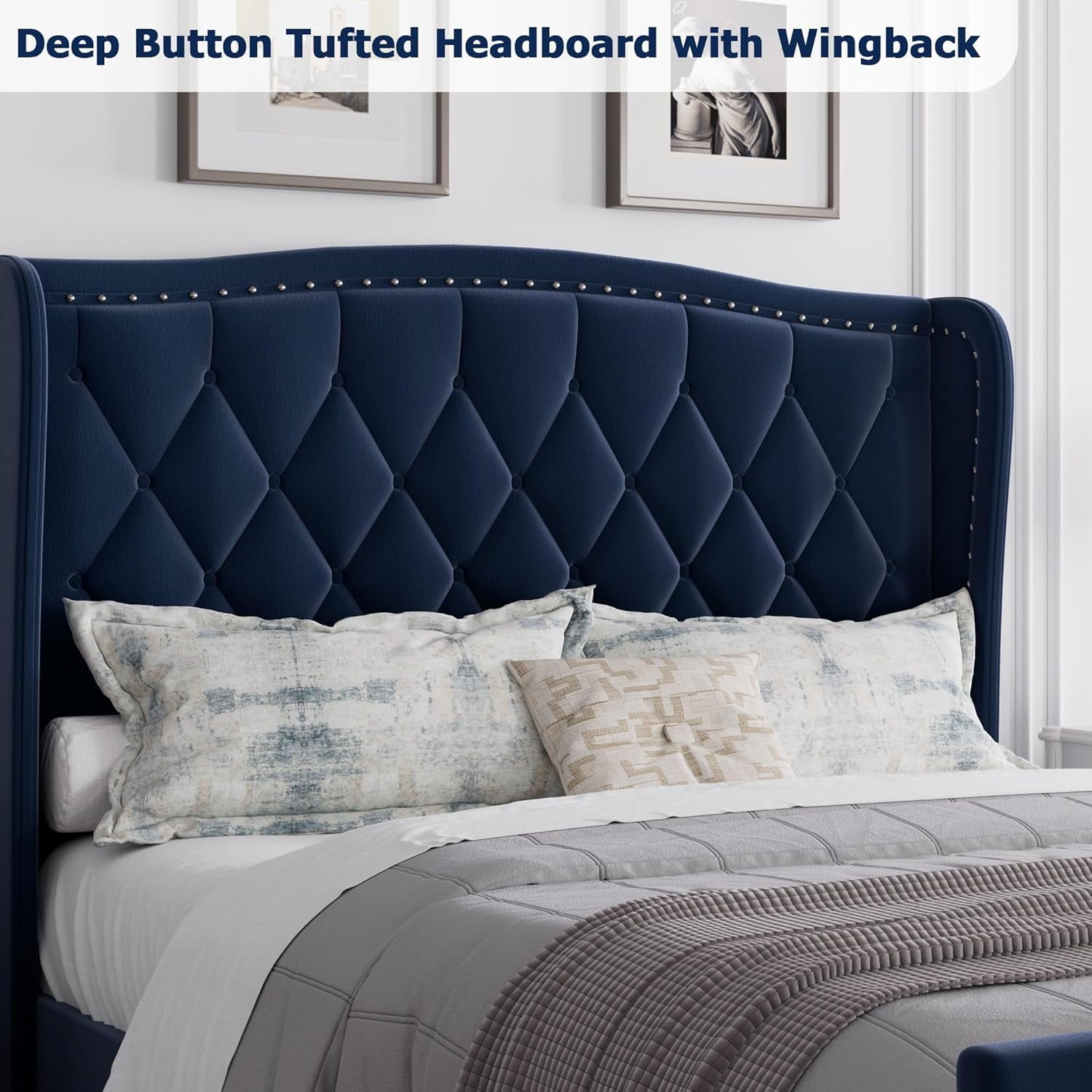 Garvee 49.21" Queen Size Platform Bed Frame, Wingback Headboard, Velvet Upholstered, Navy Blue