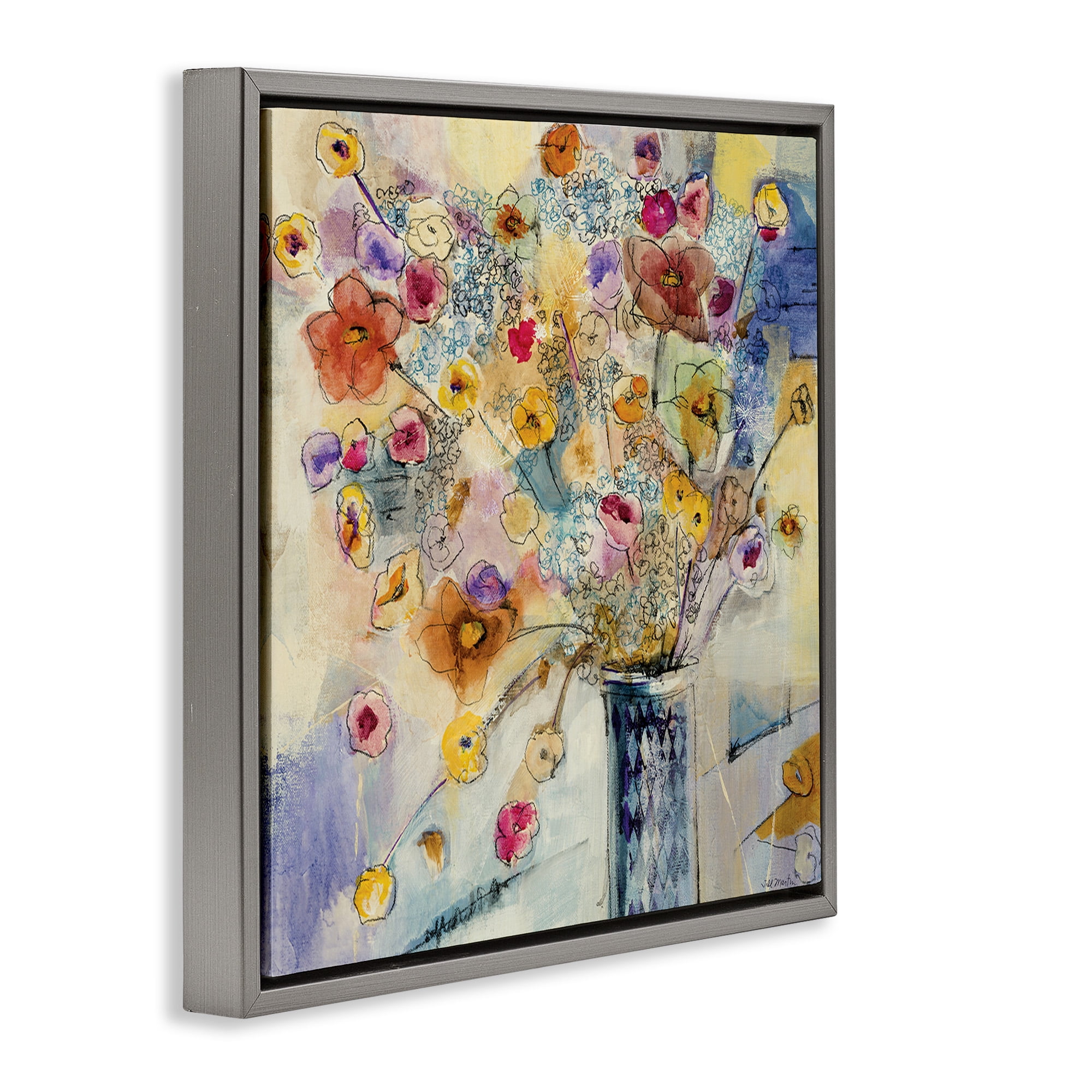Stupell Industries Chaotic Flowers Line Drawing Abstract Painting Gray Floater Framed Canvas Art Print Wall Art, 18 x 18