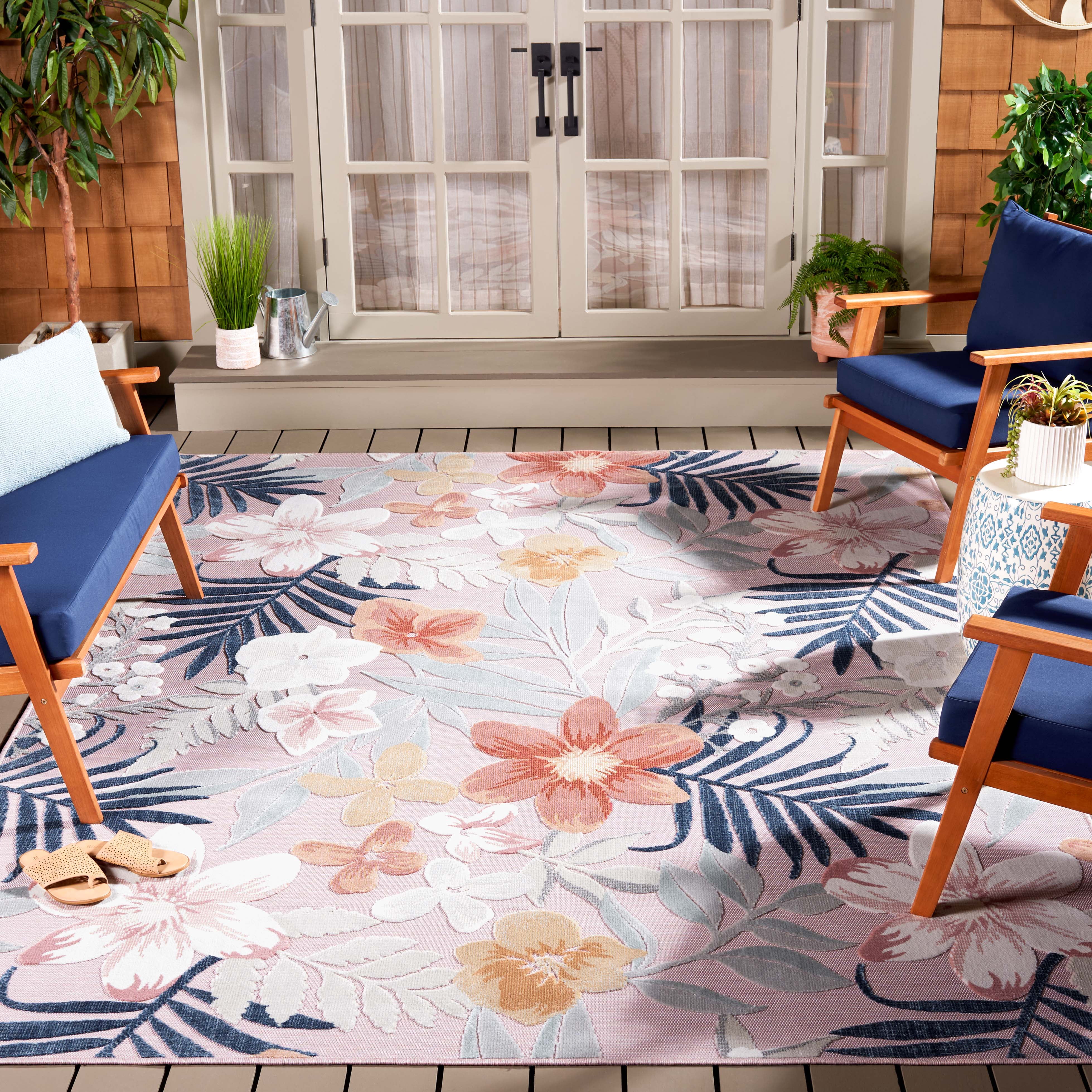 SAFAVIEH Cabana Caris Indoor/Outdoor Area Rug, Pink/Grey, 7' x 7' Square