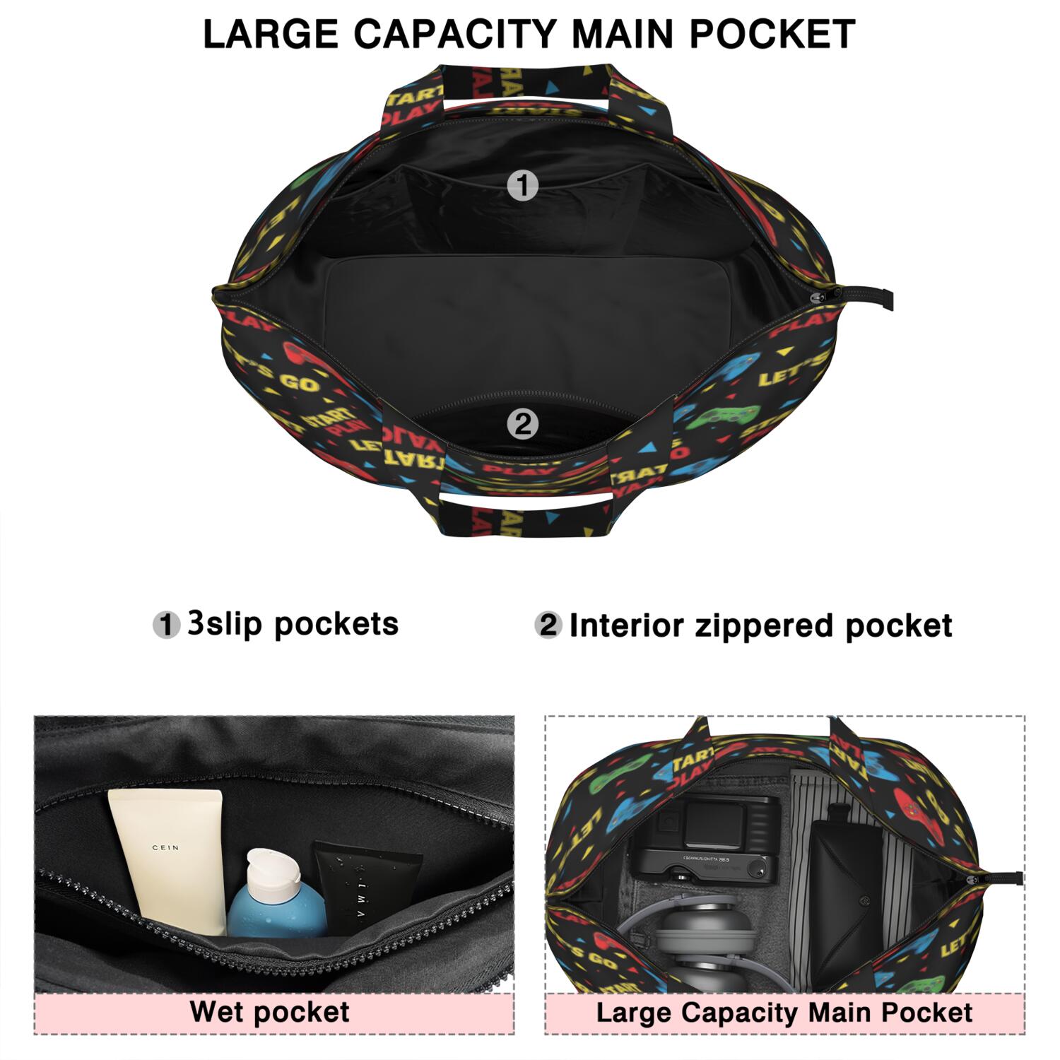 Multicolor Controllers Games Text Black Pattern Travel Tote Bags for Women Carry On,Large Weekender Bags for Women Travel,Multi Functional Duffle Bag for Work,Shopping,Sports