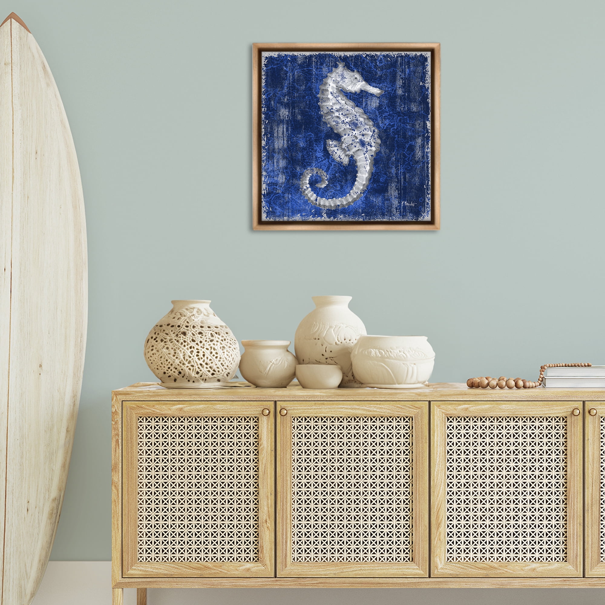 Stupell Industries Rustic Indigo Seahorse Nautical & Beach Painting Brown Floater Framed Canvas Art Print Wall Art, 25 x 25
