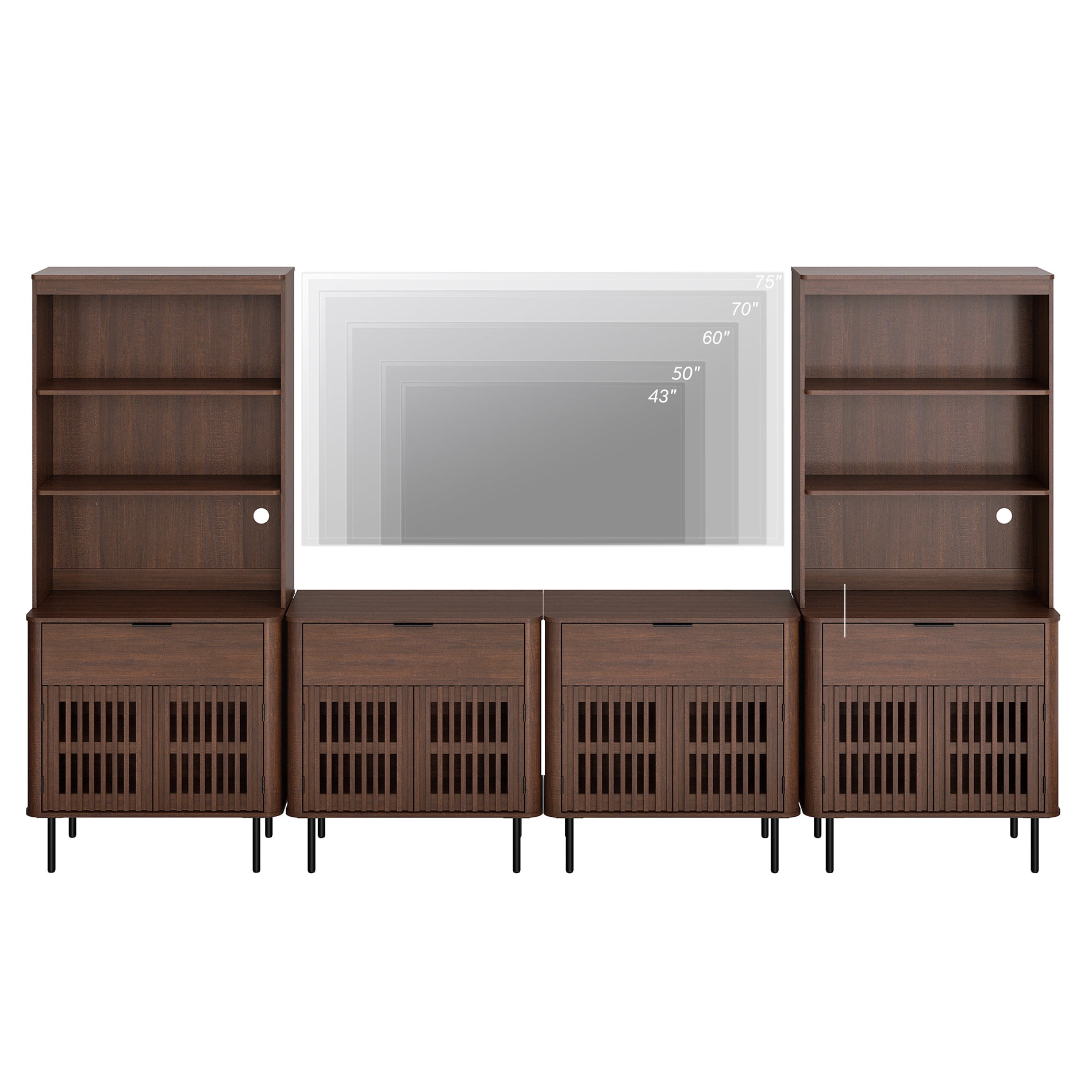 126" W Media Center with Bookcases – TV Stand for TVs Up to 75",Walnut