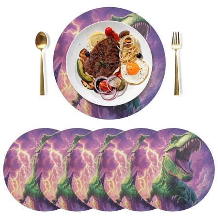 

Round Placemats Plate Mats 15 Inch Non-Slip Heat Resistant Washable PVC Set Table Decoration for Kitchen Dining A Green Tyrannosaurus