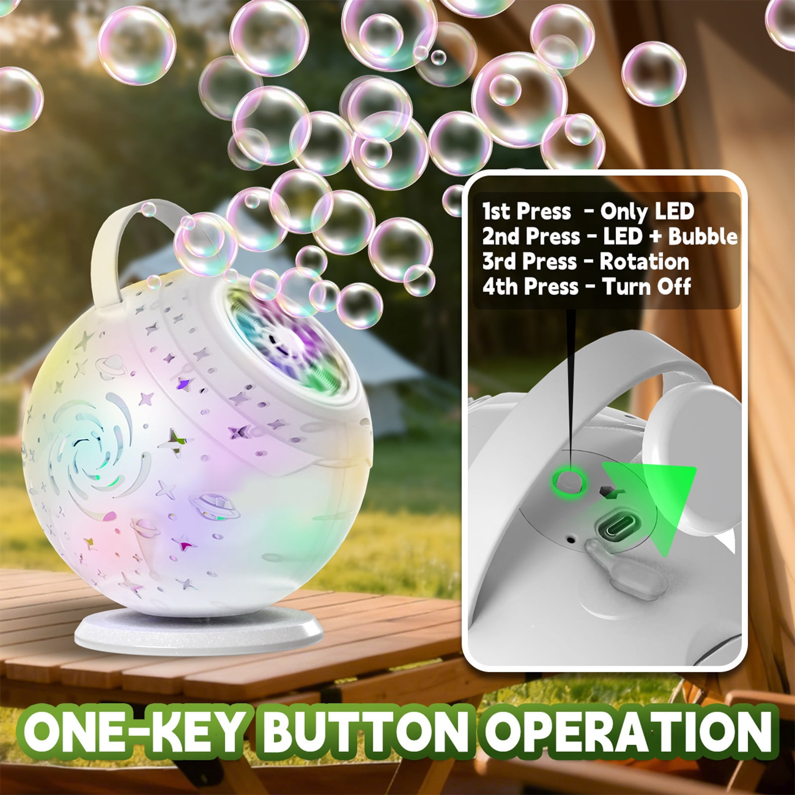 2-in-1 Galaxy Projector Bubble Machine with Remote Control 360 Degree Rotation 7 Colors USB-C Rechargeable for Party Home Decor Outdoor Gathering Stress Relief