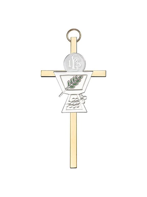 4 inch Antique Gold Communion Chalice on a Polished Brass Cross