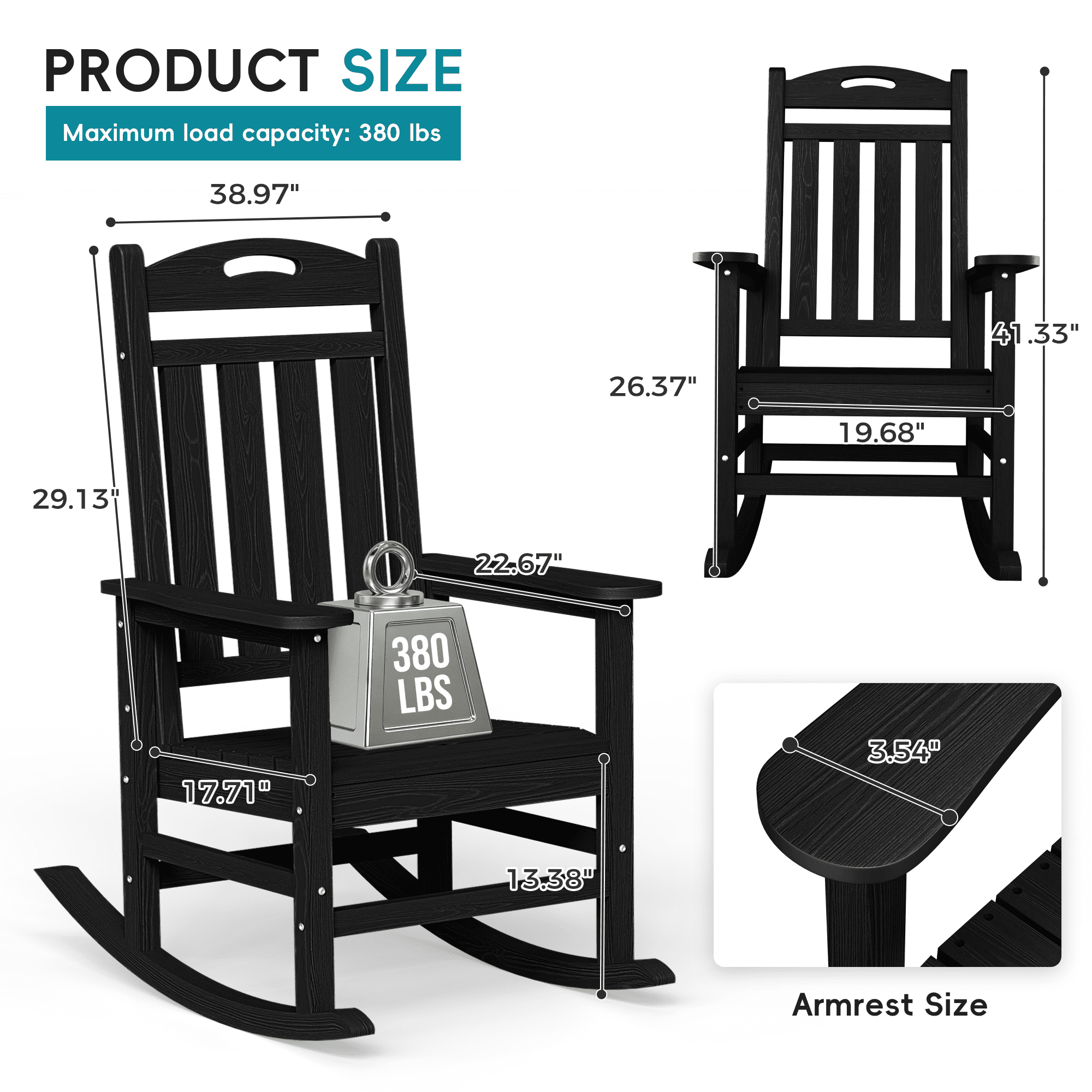 SUUNYN Set of 2 Outdoor Rocking Chairs, HDPE All-Weather Patio Rockers with High Back, 380lbs Heavy Duty, Black