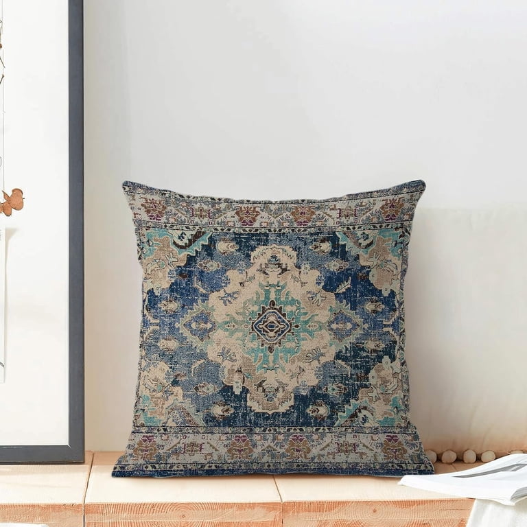 Boho Pillow Covers 18x18 Inch, Set Of 2 - Blue Carpet Pattern, Linen Blend, Zipper Closure