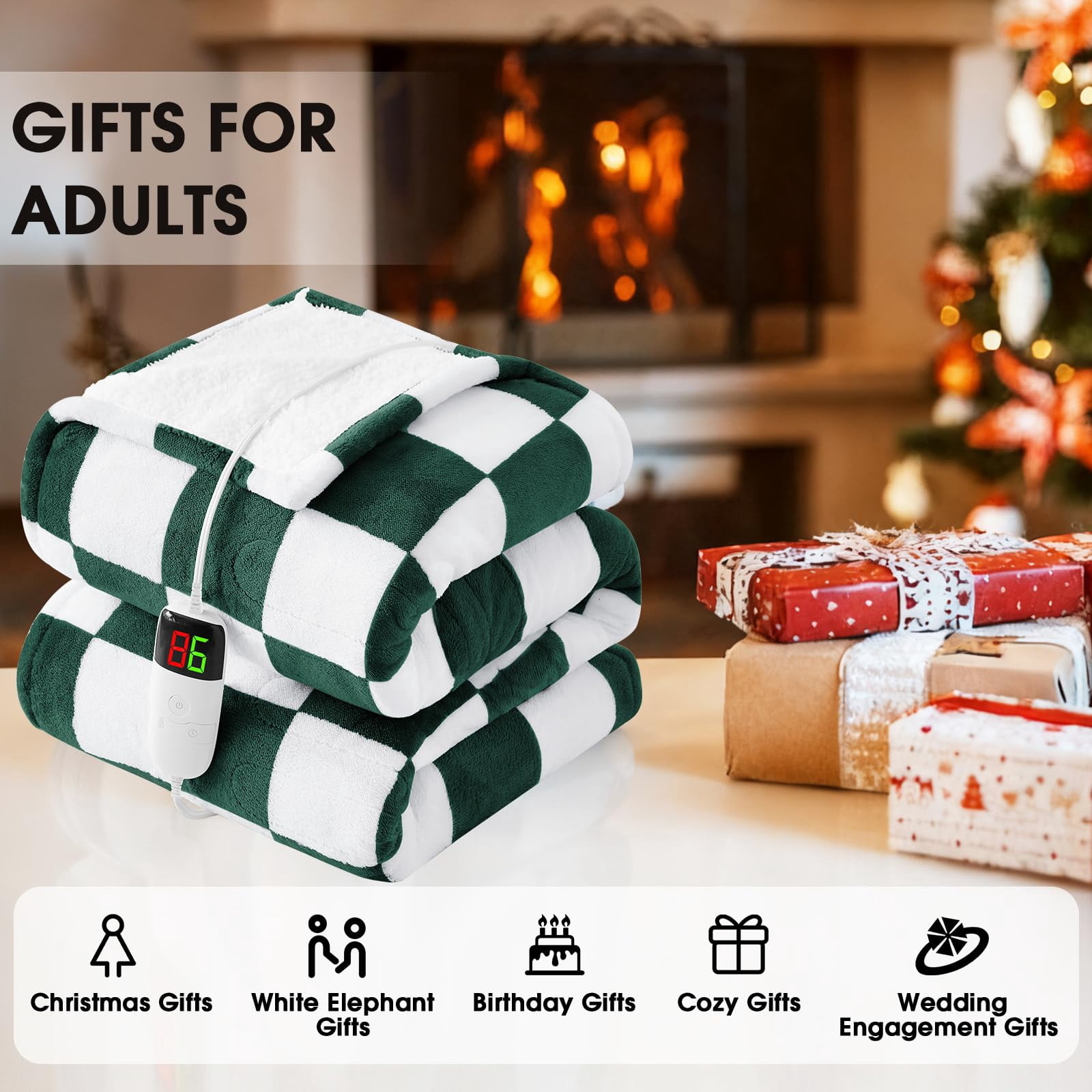 Heated Electric Blanket Throw  50x60 Heating With 10 Heat Level & 8 Hours Auto Off For Lap Dark Green Checkered Plaid Soft Sherpa Blankets Mothers Day Gifts Mom Grandma Women Couch