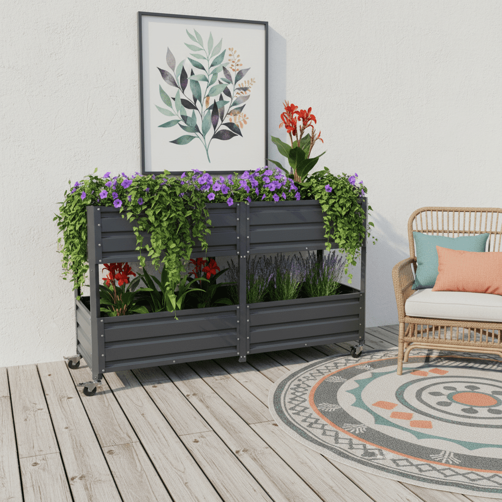 Mintazer 2-Tier Elevated Metal Raised Garden Bed with Lockable Wheels, 2-Layer Raised Planter Box for Backyard Patio Balcony Greenhouse, Dark Gray