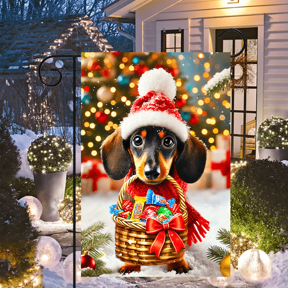 1 piece, double-sided Christmas Garden flag - 2D flat Dachshund pattern design wearing a Christmas hat, winter outdoor decoration, perfect for courtyard, lawn and outdoor decoration, garden decoratio