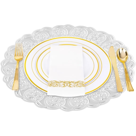 100PCS Round Charger Plates Set 13'' Decorative Tableware Stylish Event Decor Elegant Disposable Plastic Dinner Plates for Weddings Parties & Banquets (Silver)