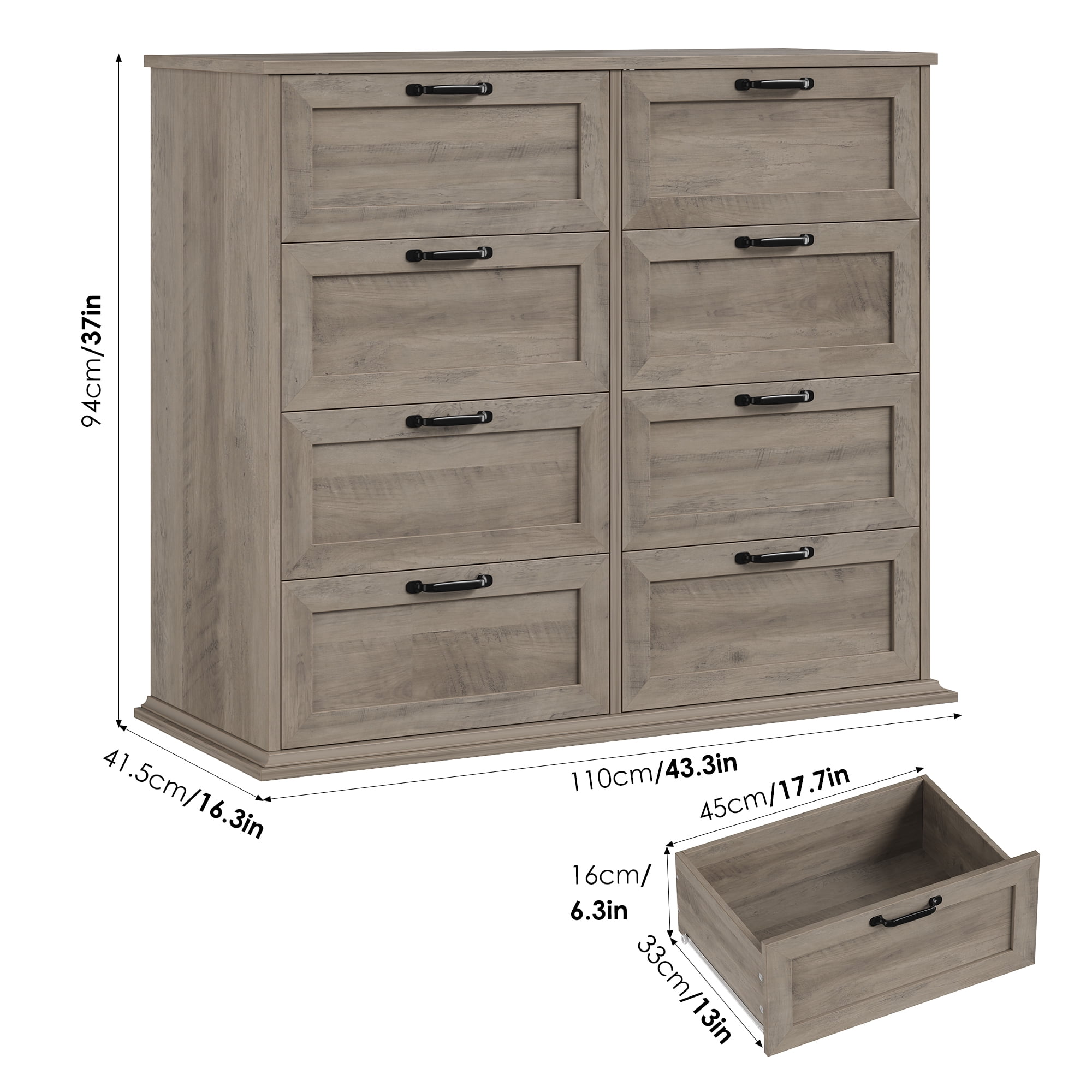 Homfa Horizontal 8 Drawer Dresser, Wood Storage Cabinet Double Dresser for Bedroom Living Room, Gray