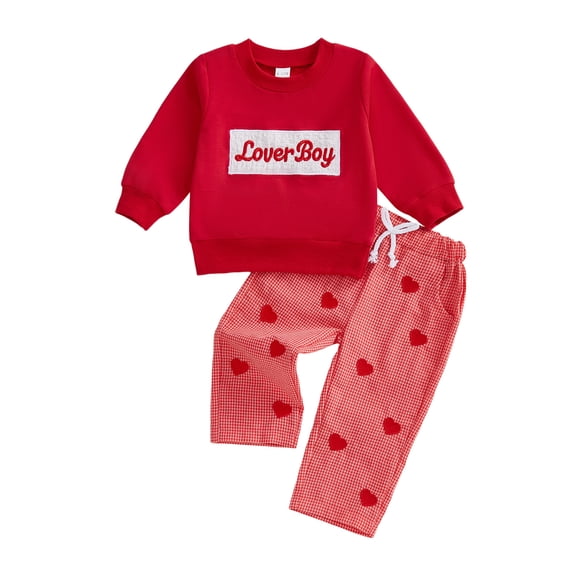 BemeyourBBs Toddler Baby Boys Girls Valentines Day Outfit Fall Winter Spring Clothes Lover Boy Embroidery Long Sleeve Pullover Crewneck Sweatshirt Heart Plaid Pants Cute 2Pcs Clothing Set