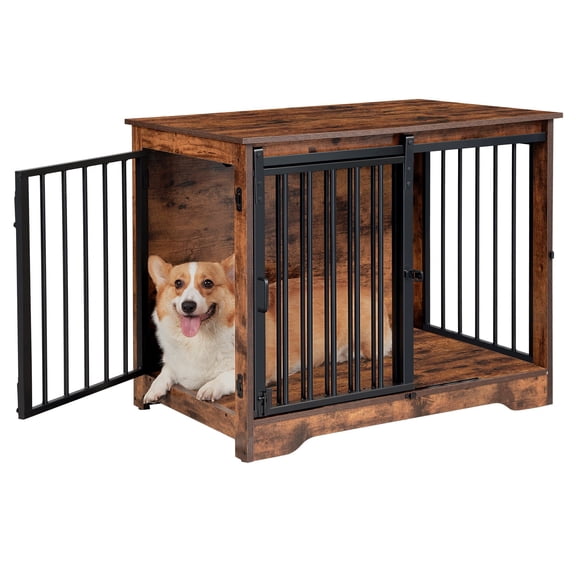 Hzuaneri Dog Crate Furniture with Barn Door, 31.9" Heavy Duty Wooden Kennel for Small Medium Dogs, Farmhouse Style, Rustic Brown