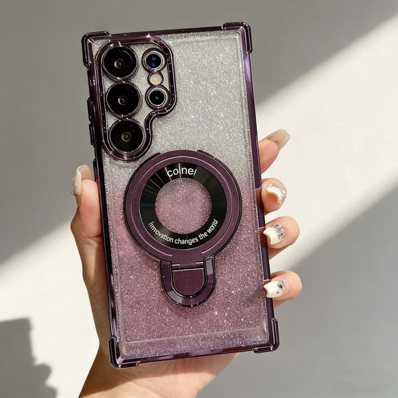 For Samsung Galaxy S25 FE Phone Case,With Contractile Ring Kickstand,With Gradient Glitter Back Design,Built-in Lens Protector,Four-cornered Rasied Anti-fall Shockproof Phone Case,Darkpurple
