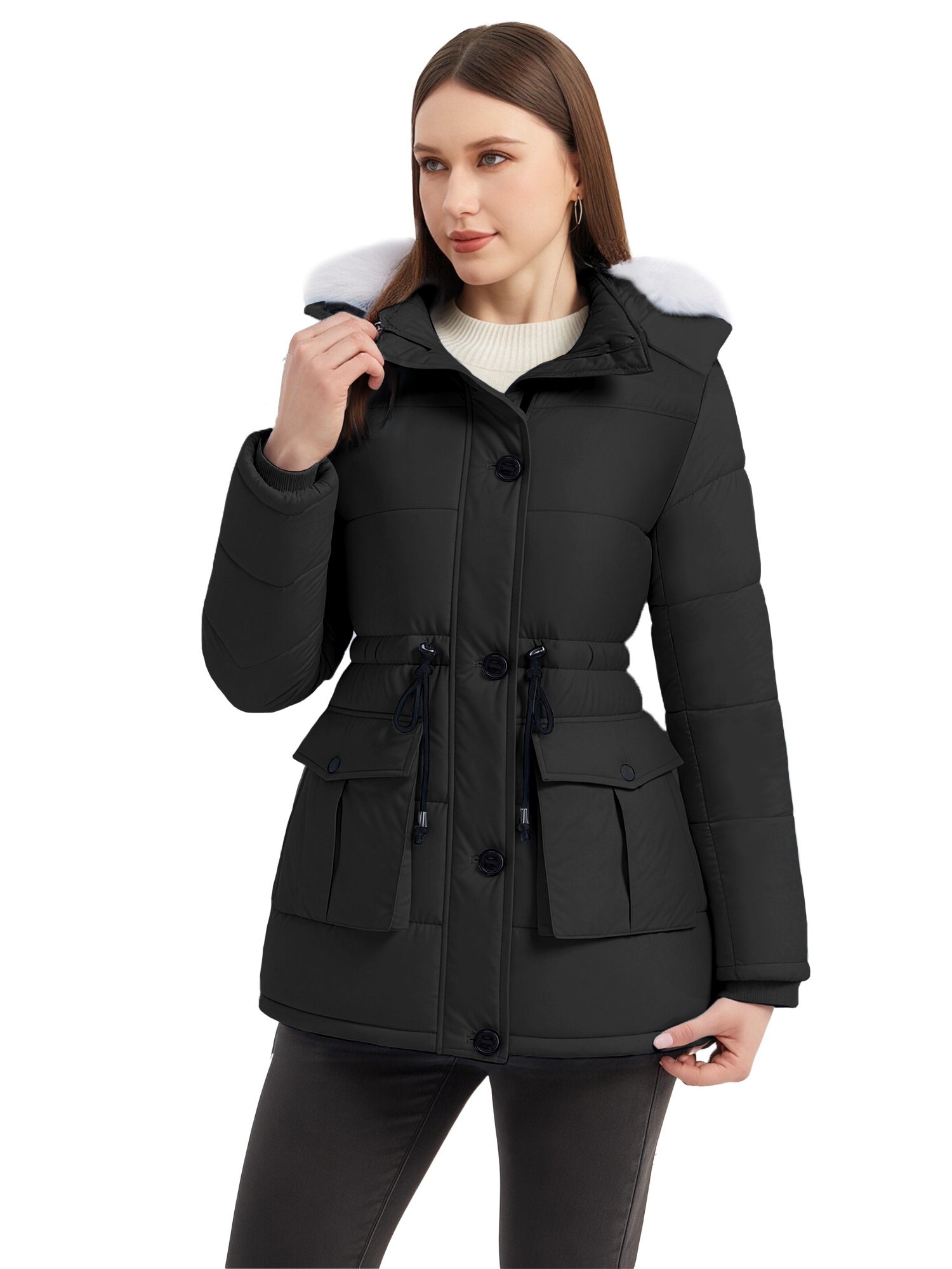 Women's Winter Puffer Coat with Removable Hood Waterproof Warm Jacket Thickened Insulated Parka Black L