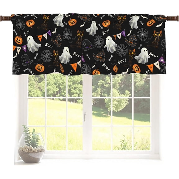 1pcs 60x18inch Halloween Valance Curtain for Window Ghost Spider Web Black Cat Witch Hat Pumpkins Bat Kitchen