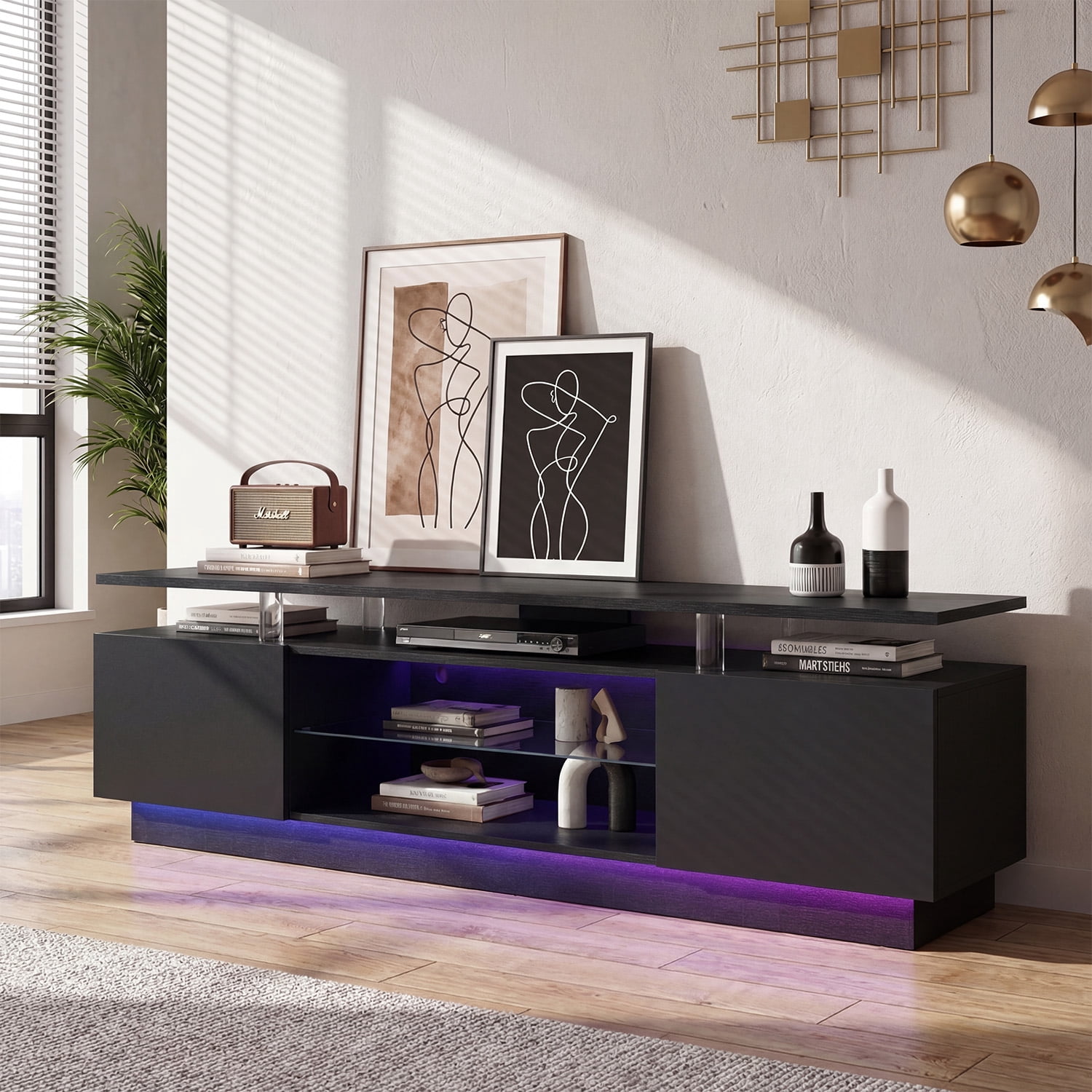 Sonegra 70” High-Glossy TV Stand with 2 Side Cabinets, Modern Stylish TV Console with 3 Layer LED Lights,Gaming TV Media Console with Adjustable Glass Shelf, Black