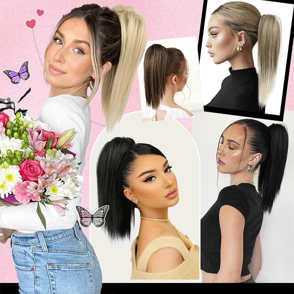 16" Claw Clip Ponytail Extensions Straight Hair Multi-Layered Fake Pony Tails Synthetic Hairpieces for Women