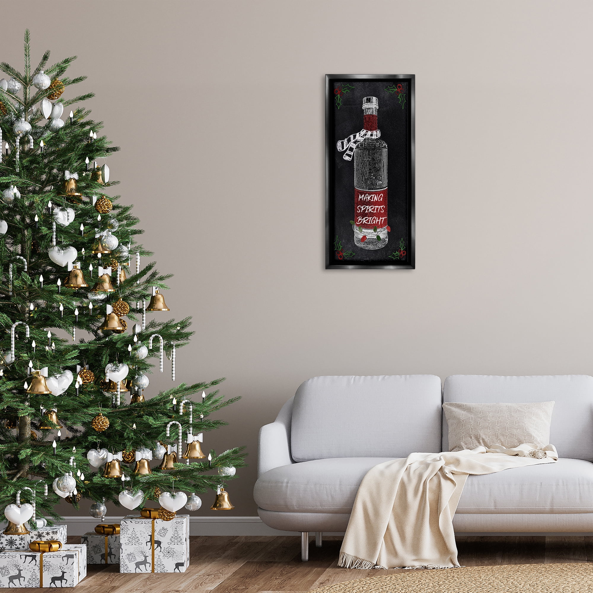 Stupell Industries Making Spirits Bright Bottle Holiday Painting Black Floater Framed Canvas Art Prints Wall Art, 15 x 31
