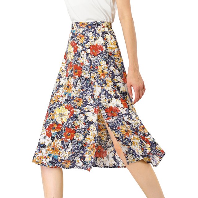 Falda a Media Pierna Allegra K con abertura En la Cintura y Estampado floral Negro S
