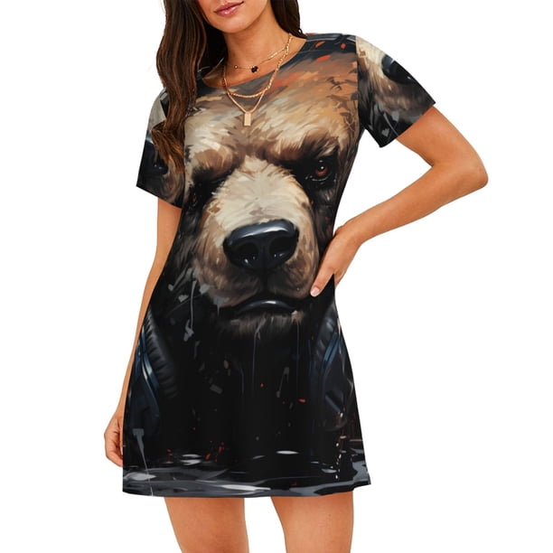 Fotbe Urban Bear With Headphones Bata de Dormir para Mujer con Estampado, Camisón de Algodón de Manga Corta, Ropa de Dormir Casual