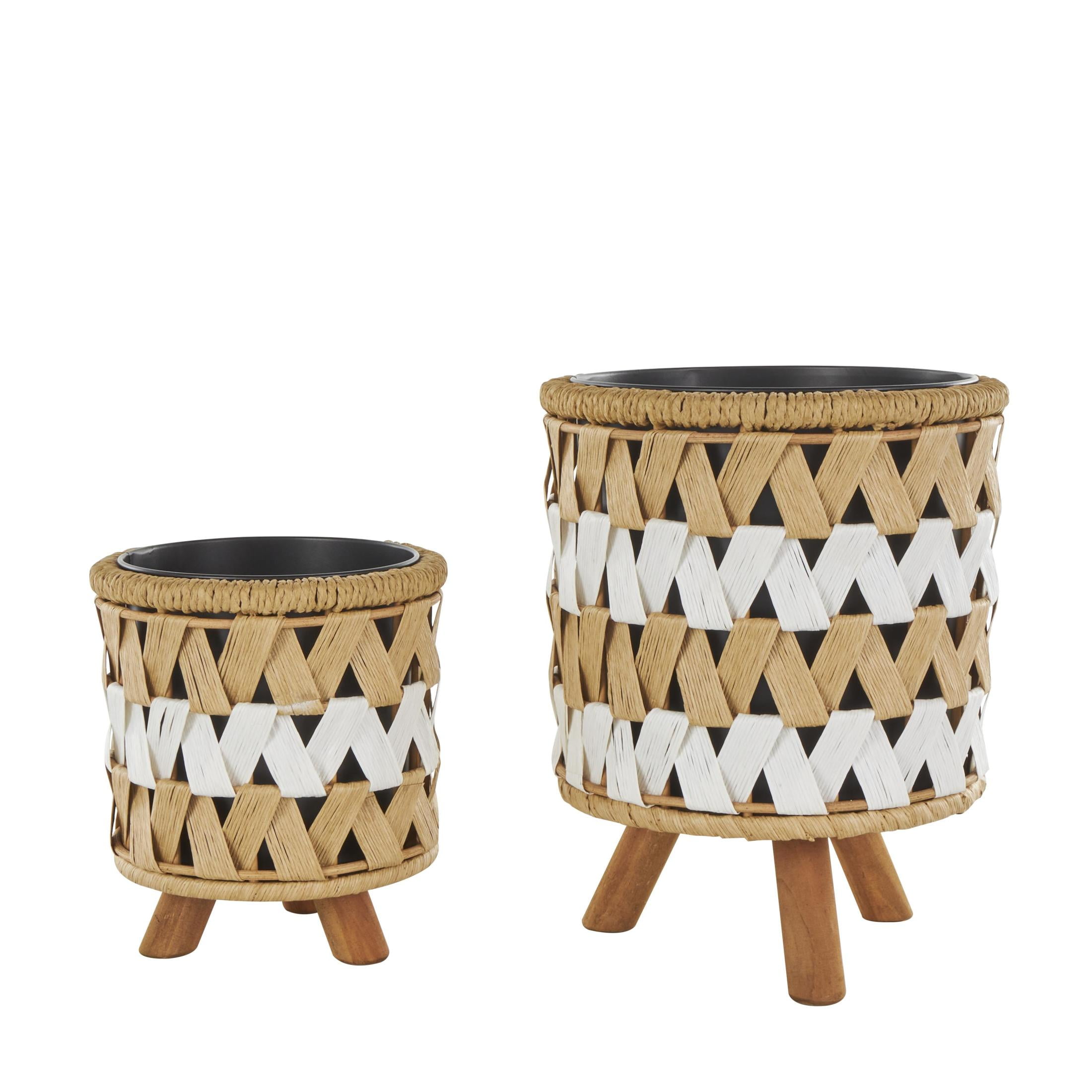 DecMode 13", 9"H Handmade Woven Chevron Brown Jute Rope Geometric Planter with Wooden Legs (2 Count)
