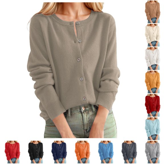 Norvella Womens Button Front Cardigans Crewneck Long Sleeve Fine Knit Fitted Design Cardigan Sweaters Lightweight Layering Tops