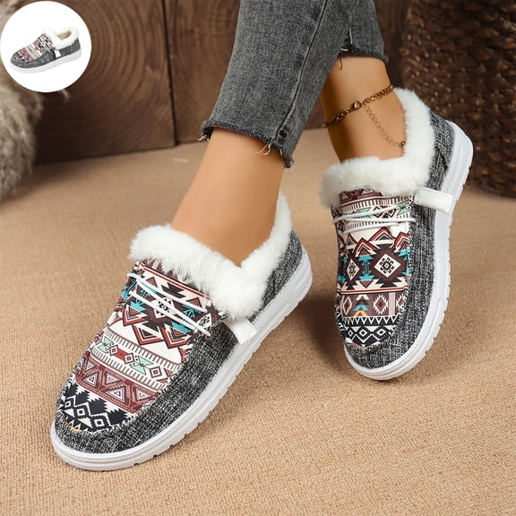 Willtoo Women's Plush Lined Slip On Shoes, Ethnic Pattern Warm Casual Loafers, Comfortable Non-Slip Winter Footwear