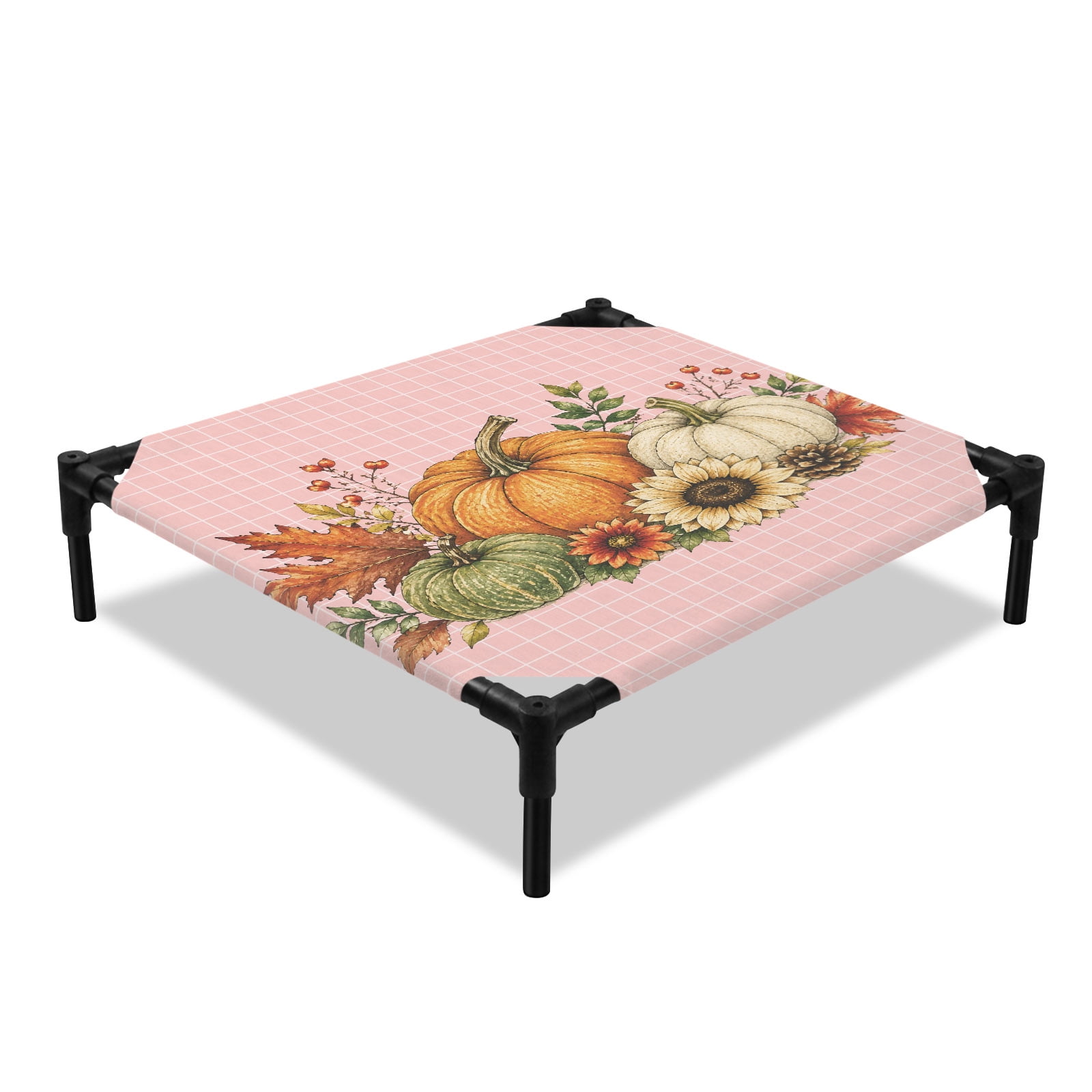 Thanksgiving Elevated Dog Bed Fall Sage Green Orange Pumpkin Maple Leaf Pink Plaid Cooling Breathable Outdoor Raised Dog Cot Bed with Metal Frame Non-Slip Feet for Small Dog 20x20in
